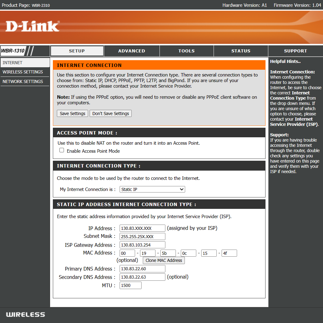 Dlink IP Entered